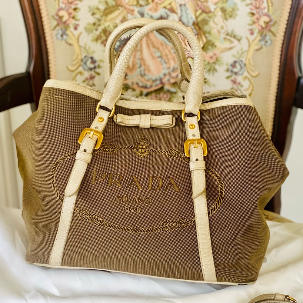 AUTHENTIC PRADA logo convertible tote canvas with leather medium